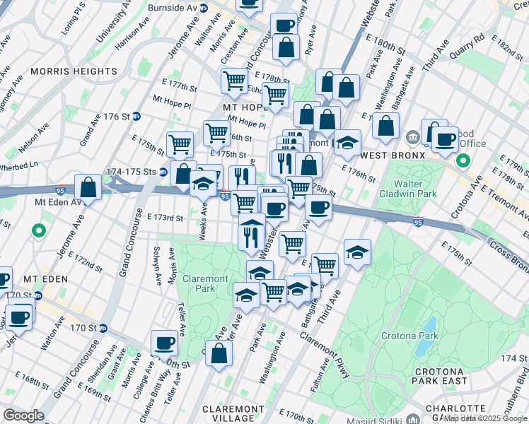 map of restaurants, bars, coffee shops, grocery stores, and more near 1713 Webster Avenue in Bronx