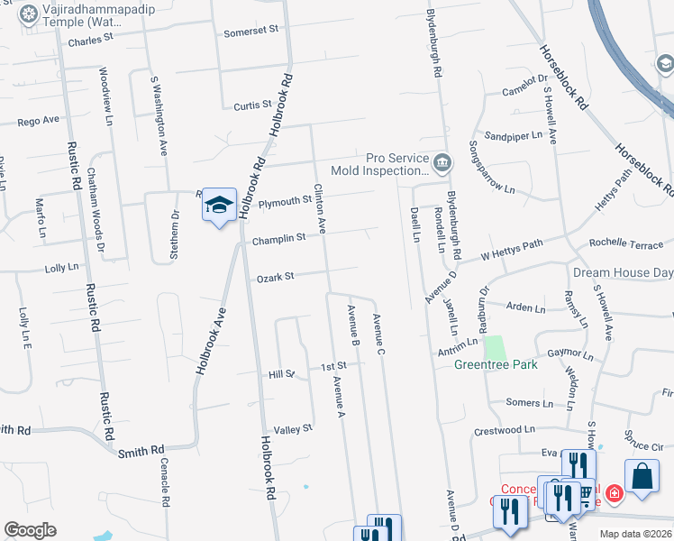 map of restaurants, bars, coffee shops, grocery stores, and more near 4 Clinton Avenue in Lake Ronkonkoma