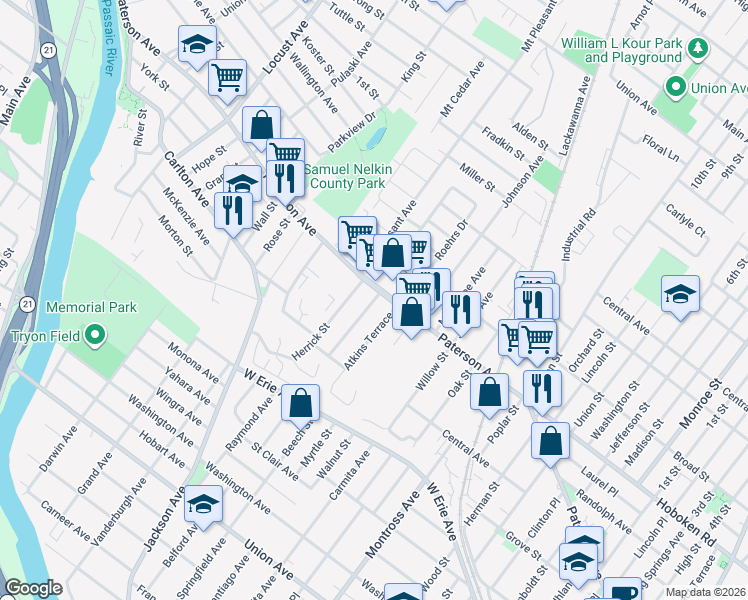 map of restaurants, bars, coffee shops, grocery stores, and more near 9 Atkins Terrace in East Rutherford