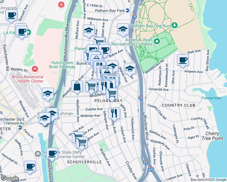 map of restaurants, bars, coffee shops, grocery stores, and more near Middletown Rd & Hollywood Ave in Bronx