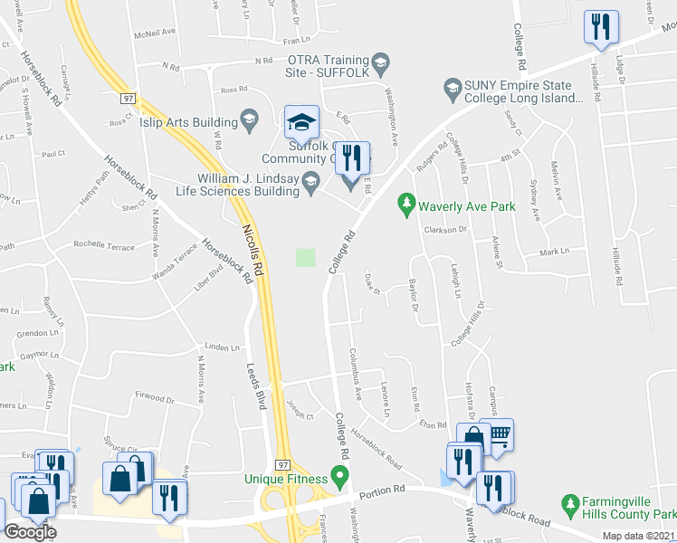 map of restaurants, bars, coffee shops, grocery stores, and more near 2 Lakeland Place in Farmingville