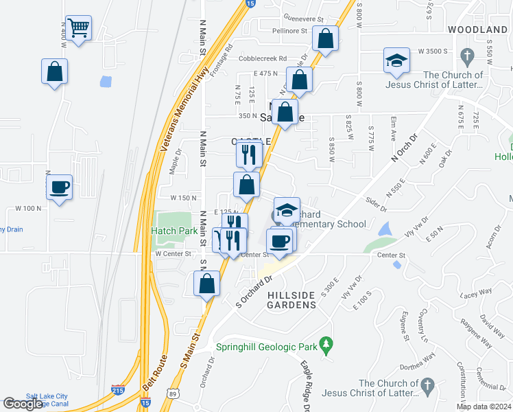 map of restaurants, bars, coffee shops, grocery stores, and more near 4301 U.S. 89 in North Salt Lake