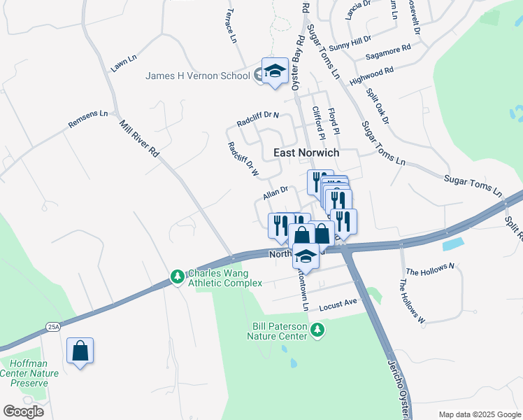 map of restaurants, bars, coffee shops, grocery stores, and more near 30 Ross Lane in East Norwich