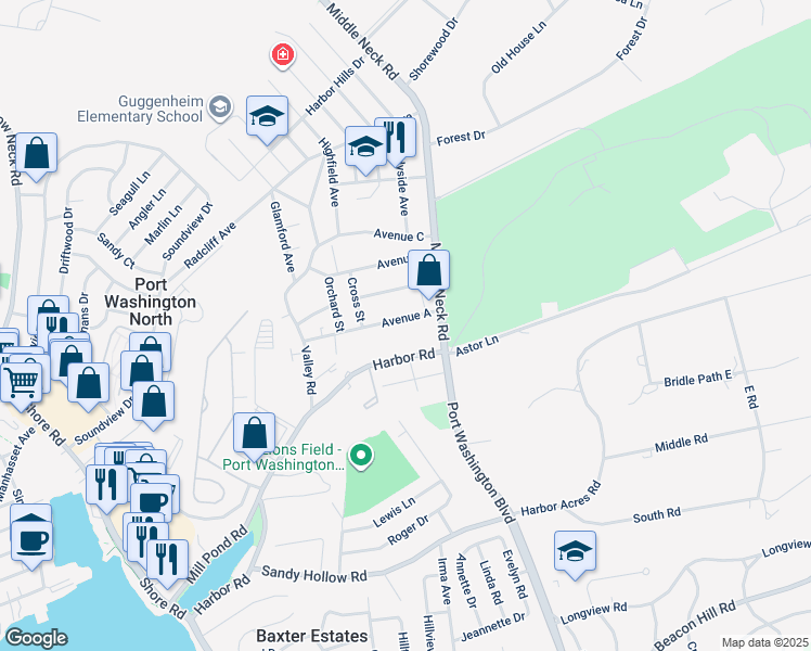 map of restaurants, bars, coffee shops, grocery stores, and more near 127a Harbor Road in Port Washington