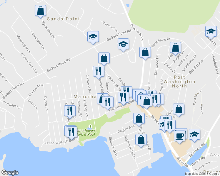 map of restaurants, bars, coffee shops, grocery stores, and more near 25 Cottonwood Road in Port Washington