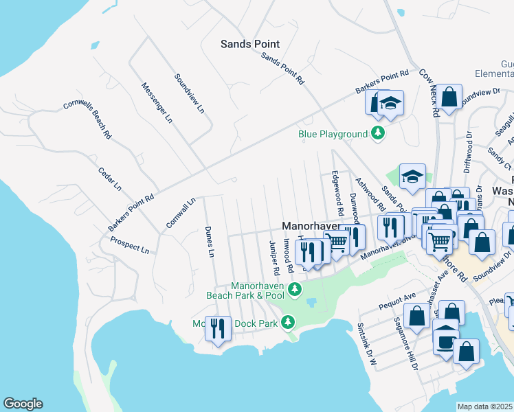 map of restaurants, bars, coffee shops, grocery stores, and more near 50 Linwood Road North in Port Washington