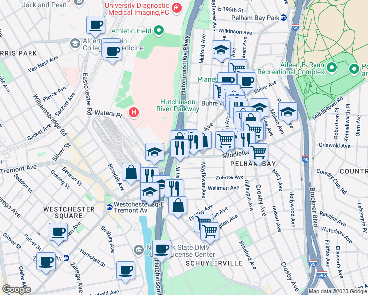 map of restaurants, bars, coffee shops, grocery stores, and more near in The Bronx