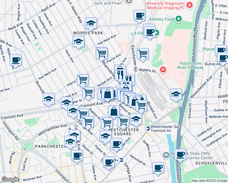 map of restaurants, bars, coffee shops, grocery stores, and more near 1511 Silver Street in Bronx