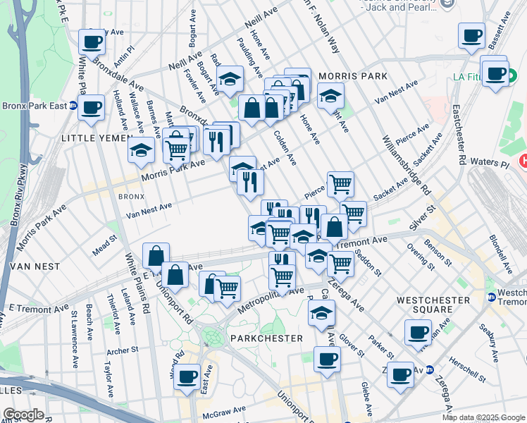 map of restaurants, bars, coffee shops, grocery stores, and more near 1601 Bronxdale Avenue in The Bronx