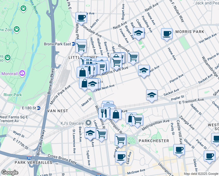 map of restaurants, bars, coffee shops, grocery stores, and more near 1653 Wallace Avenue in Bronx