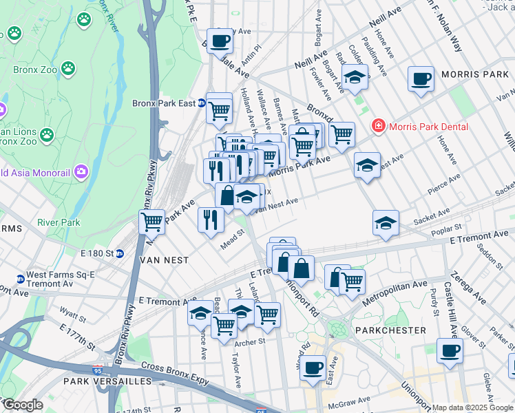 map of restaurants, bars, coffee shops, grocery stores, and more near 1670 Hunt Avenue in The Bronx