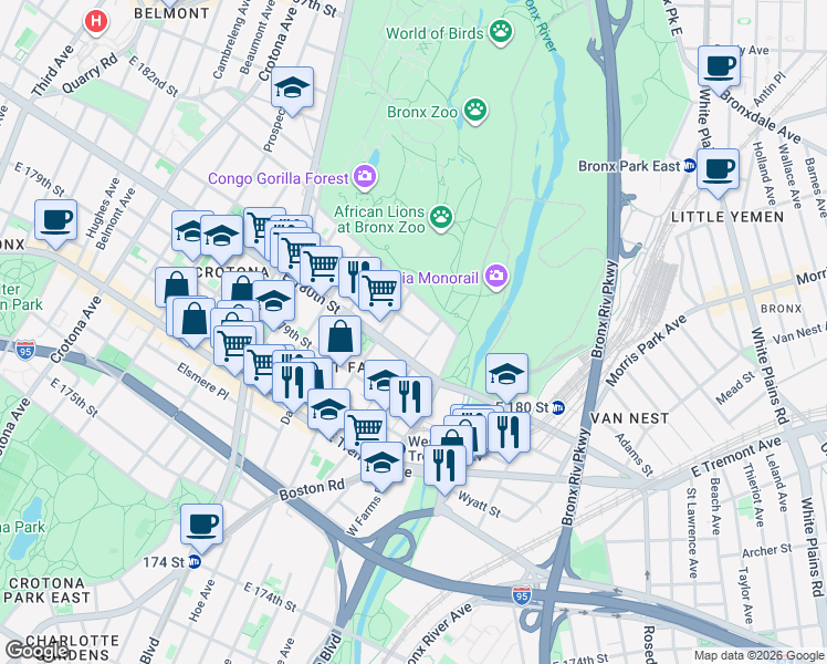map of restaurants, bars, coffee shops, grocery stores, and more near 986 East 180th Street in The Bronx