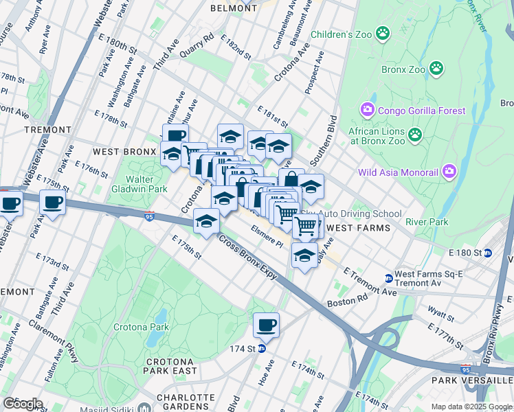 map of restaurants, bars, coffee shops, grocery stores, and more near 791 East Tremont Avenue in The Bronx