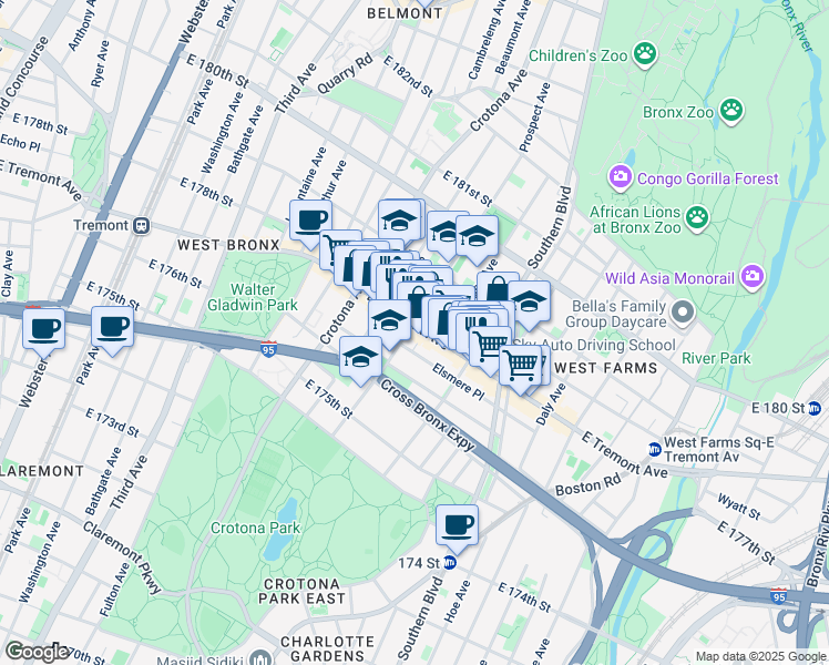 map of restaurants, bars, coffee shops, grocery stores, and more near 789 Elsmere Place in Bronx
