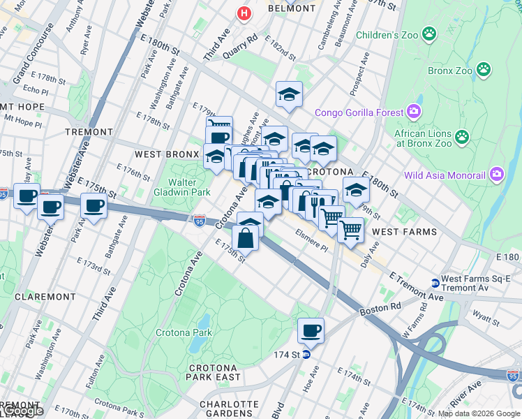 map of restaurants, bars, coffee shops, grocery stores, and more near 1919 Prospect Avenue in Bronx