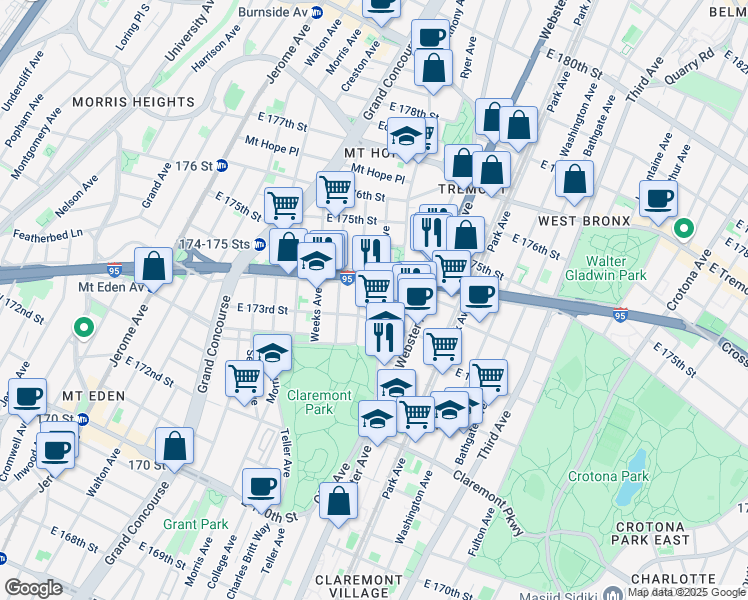 map of restaurants, bars, coffee shops, grocery stores, and more near 347 East 173rd Street in Bronx