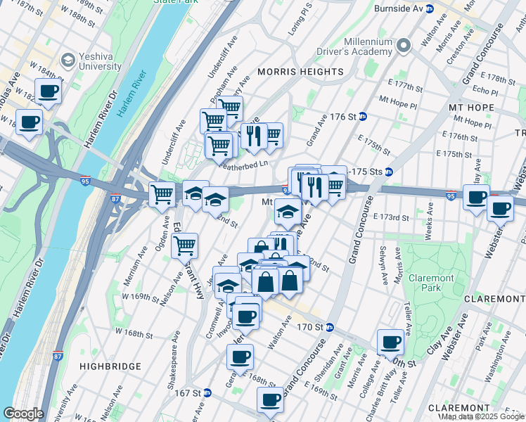map of restaurants, bars, coffee shops, grocery stores, and more near 1510 Jesup Avenue in Bronx