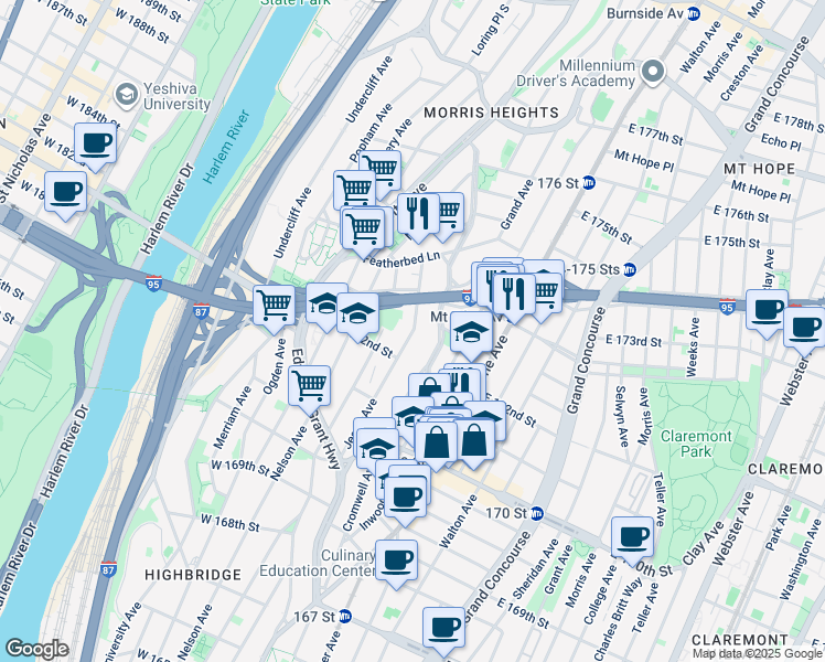 map of restaurants, bars, coffee shops, grocery stores, and more near 1510 Jesup Avenue in Bronx
