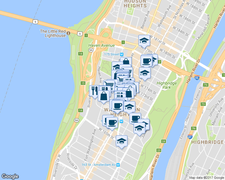 map of restaurants, bars, coffee shops, grocery stores, and more near 250 Fort Washington Avenue in New York