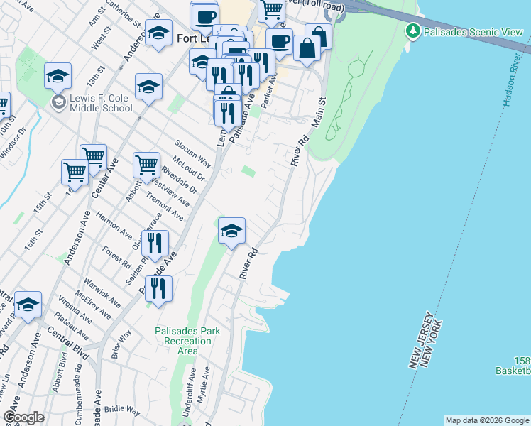 map of restaurants, bars, coffee shops, grocery stores, and more near 1444 River Road in Edgewater