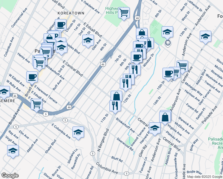 map of restaurants, bars, coffee shops, grocery stores, and more near 325 East Central Boulevard in Palisades Park