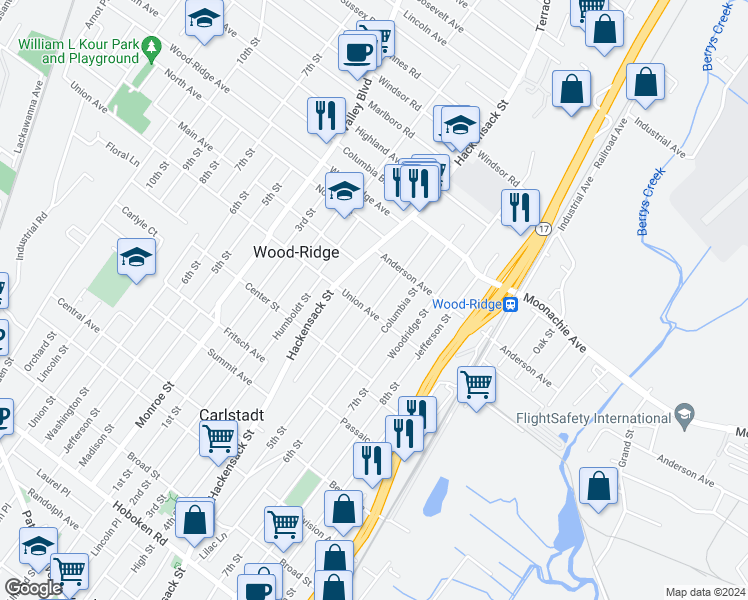 map of restaurants, bars, coffee shops, grocery stores, and more near 86 Madison Street in Wood-Ridge