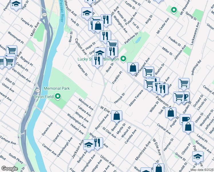 map of restaurants, bars, coffee shops, grocery stores, and more near 36 Hillside Terrace in East Rutherford