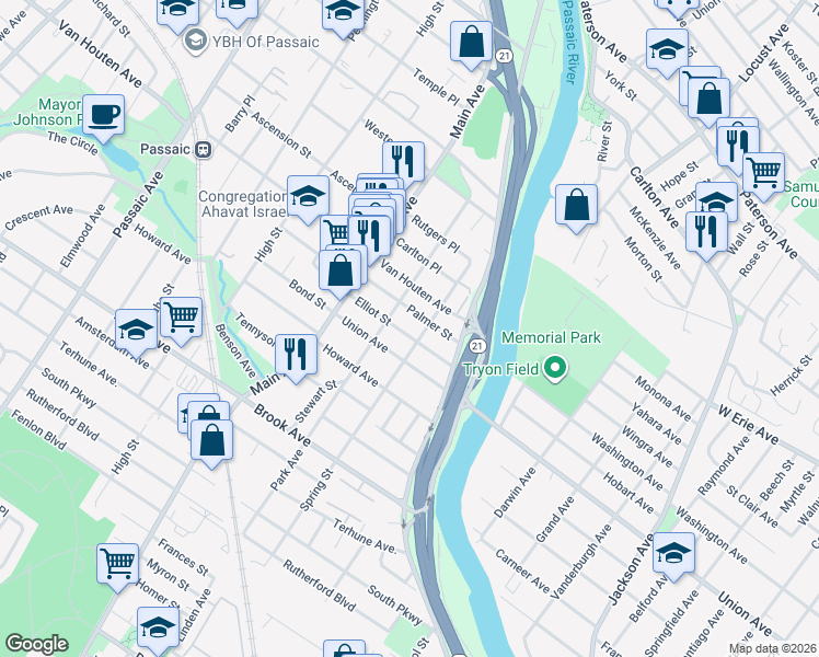 map of restaurants, bars, coffee shops, grocery stores, and more near 88 Spring Street in Passaic