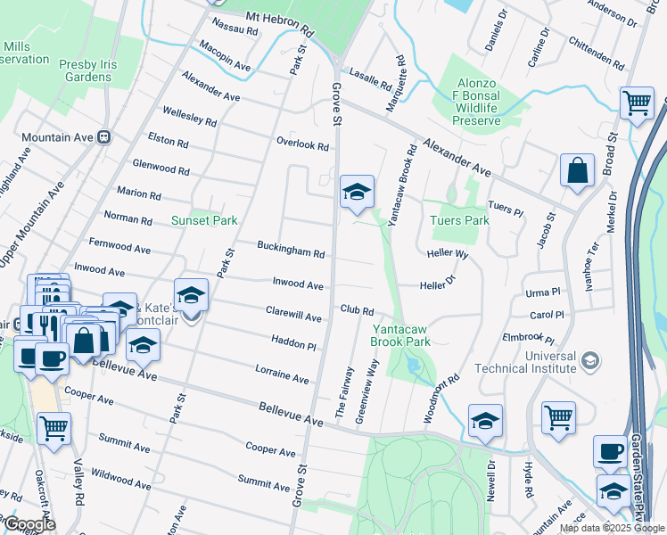 map of restaurants, bars, coffee shops, grocery stores, and more near 95 Inwood Avenue in Montclair