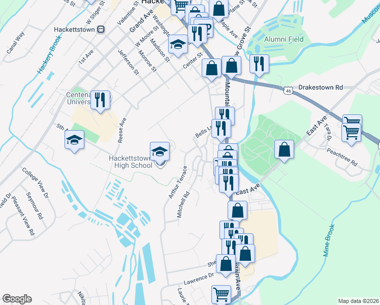 map of restaurants, bars, coffee shops, grocery stores, and more near 28-32 Arthur Terrace in Hackettstown