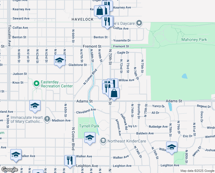 map of restaurants, bars, coffee shops, grocery stores, and more near 3111 North 70th Street in Lincoln