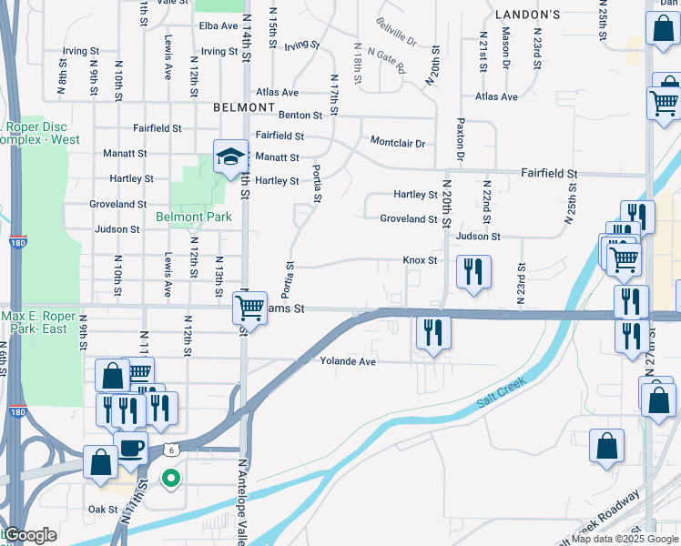 map of restaurants, bars, coffee shops, grocery stores, and more near 1730 Adams Street in Lincoln