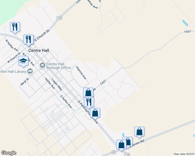 map of restaurants, bars, coffee shops, grocery stores, and more near Williams Street Ext in Centre Hall