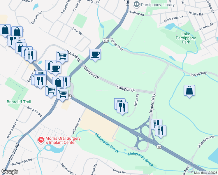 map of restaurants, bars, coffee shops, grocery stores, and more near 4 Campus Dr in Parsippany-Troy Hills