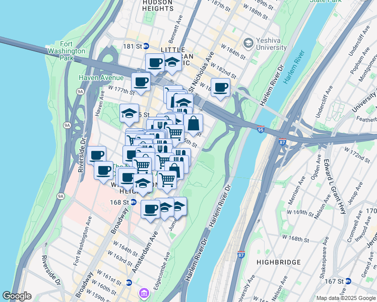 map of restaurants, bars, coffee shops, grocery stores, and more near 509 West 174th Street in New York