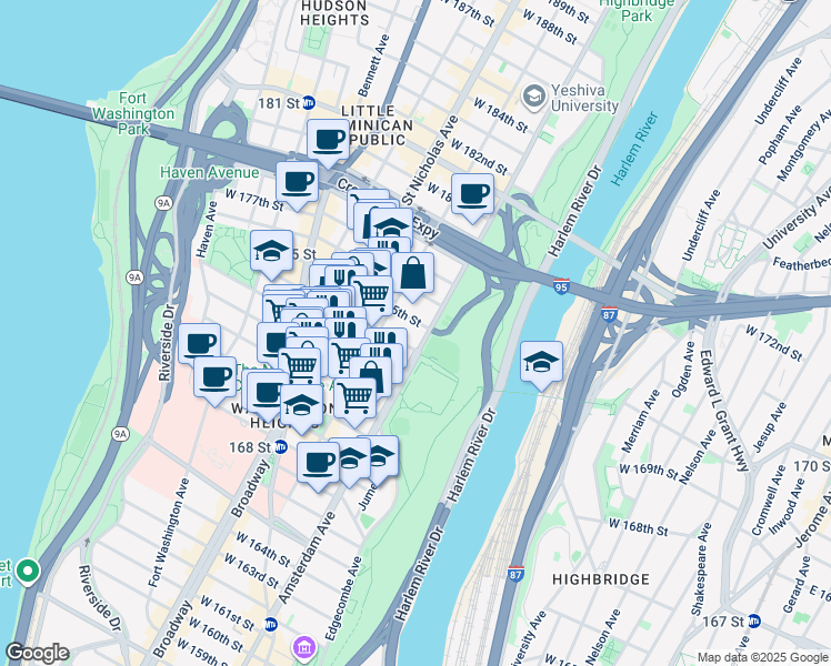 map of restaurants, bars, coffee shops, grocery stores, and more near 2301 Amsterdam Avenue in New York