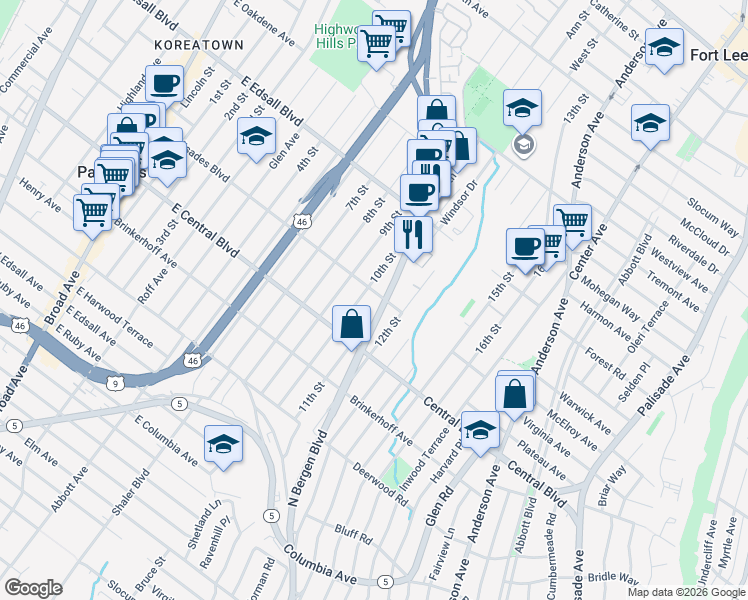 map of restaurants, bars, coffee shops, grocery stores, and more near 329 Bergen Boulevard in Palisades Park
