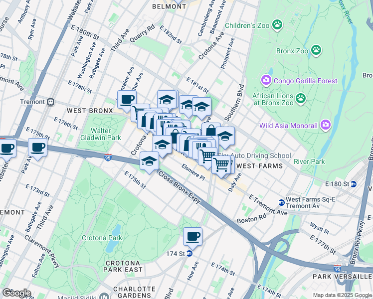 map of restaurants, bars, coffee shops, grocery stores, and more near 791 East Tremont Avenue in The Bronx