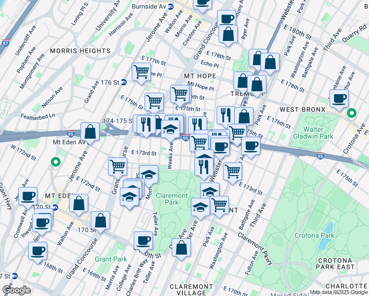 map of restaurants, bars, coffee shops, grocery stores, and more near in The Bronx