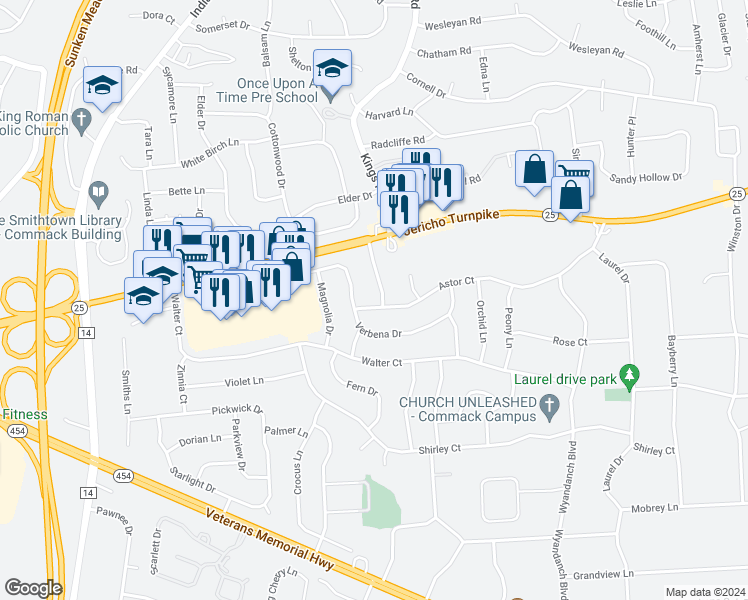 map of restaurants, bars, coffee shops, grocery stores, and more near 43 Mayfair Terrace in Commack