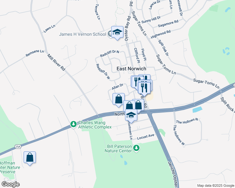 map of restaurants, bars, coffee shops, grocery stores, and more near 30 Ross Lane in East Norwich