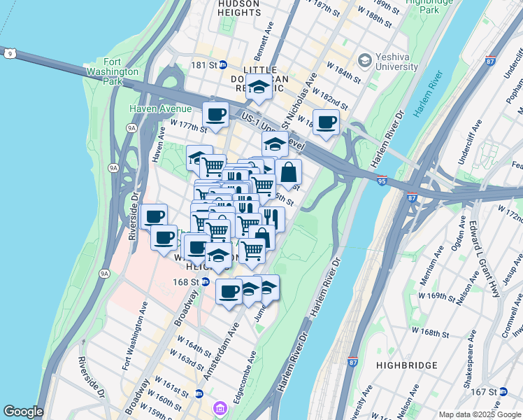 map of restaurants, bars, coffee shops, grocery stores, and more near 559 West 172nd Street in New York