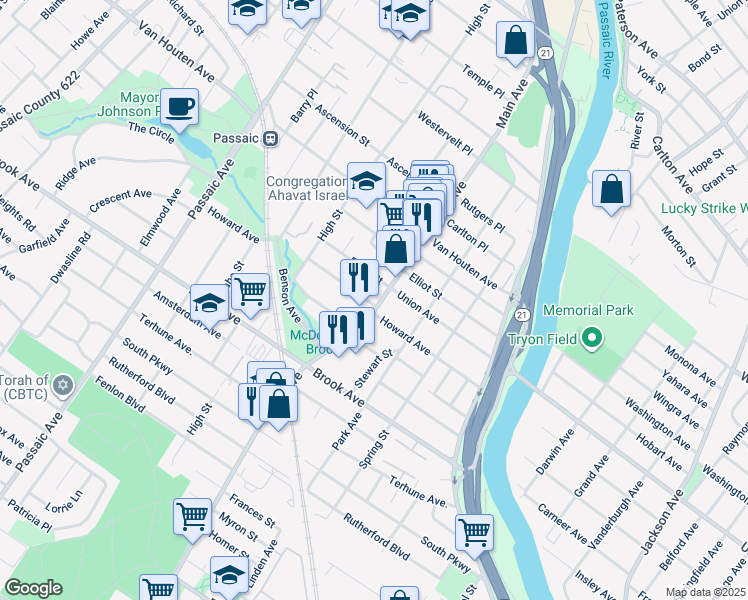map of restaurants, bars, coffee shops, grocery stores, and more near 119 Main Avenue in Passaic