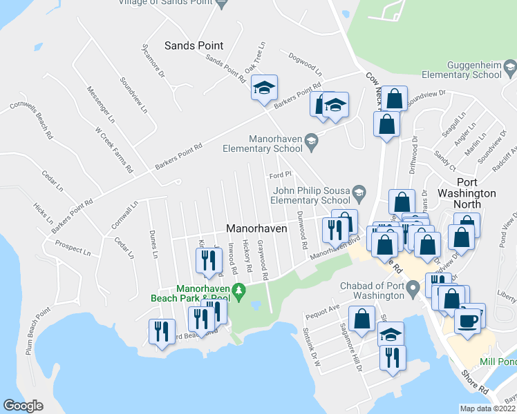 map of restaurants, bars, coffee shops, grocery stores, and more near 54 Graywood Road in Port Washington