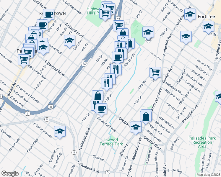 map of restaurants, bars, coffee shops, grocery stores, and more near 340 12th Street in Palisades Park