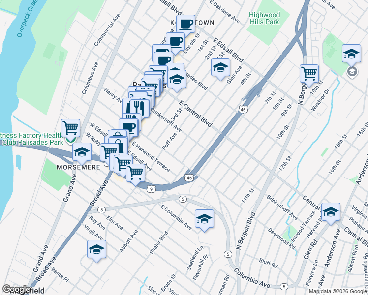 map of restaurants, bars, coffee shops, grocery stores, and more near 210 4th Street in Palisades Park