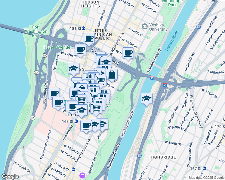 map of restaurants, bars, coffee shops, grocery stores, and more near 500 West 175th Street in New York