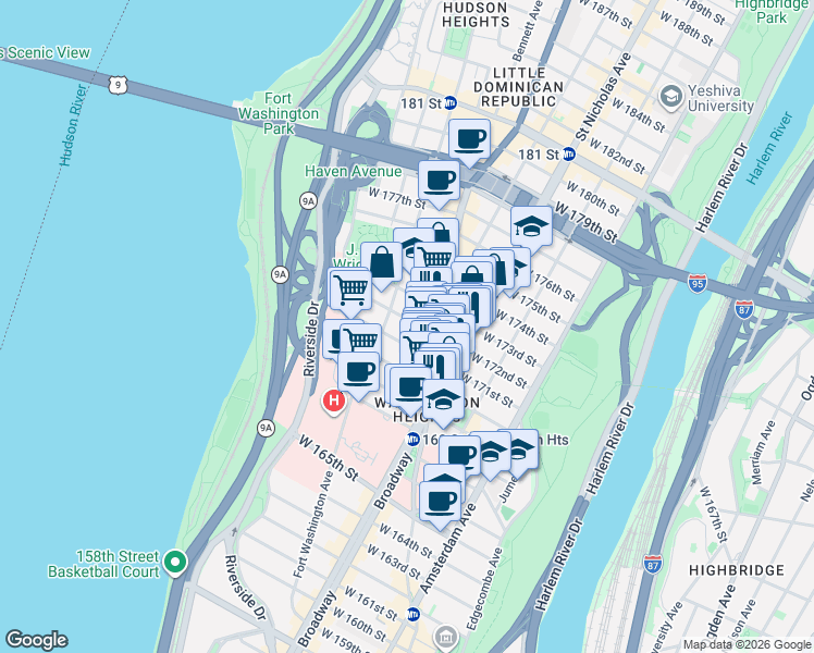 map of restaurants, bars, coffee shops, grocery stores, and more near 642 West 172nd Street in New York