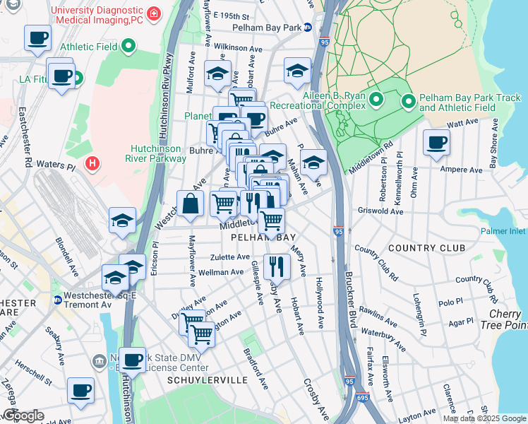 map of restaurants, bars, coffee shops, grocery stores, and more near 1608 Crosby Avenue in The Bronx
