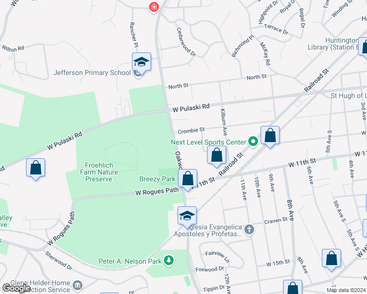 map of restaurants, bars, coffee shops, grocery stores, and more near 342 Oakwood Road in Huntington Station